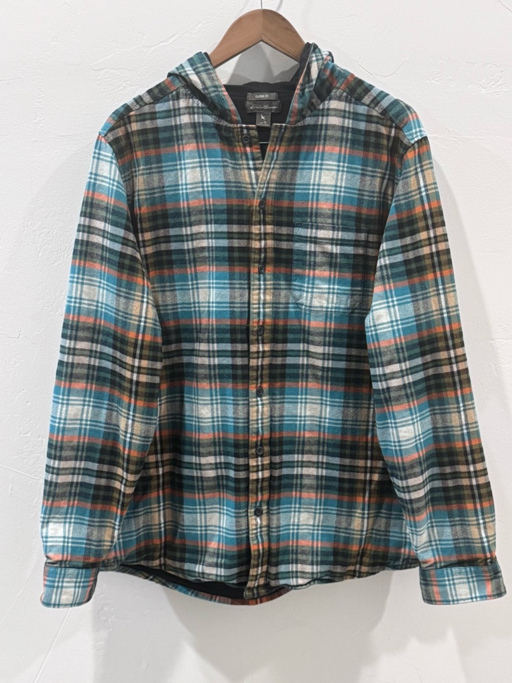 Eddie Bauer Multicolor Blue Flannel Plaid Hooded Jacket, Size Large Tall